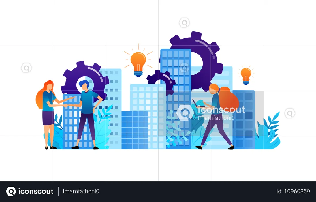 Smart city mechanism and cooperation with hands shaking  Illustration