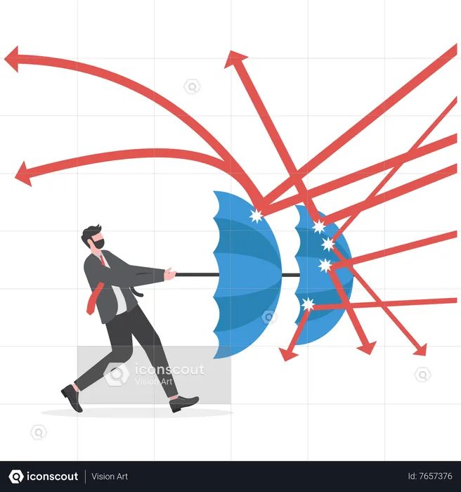 Smart confident businessman holding umbrella to protect from arrow  Illustration