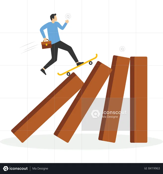 Smart innovative businessman surf fast skateboard hit all dominos collapse  Illustration