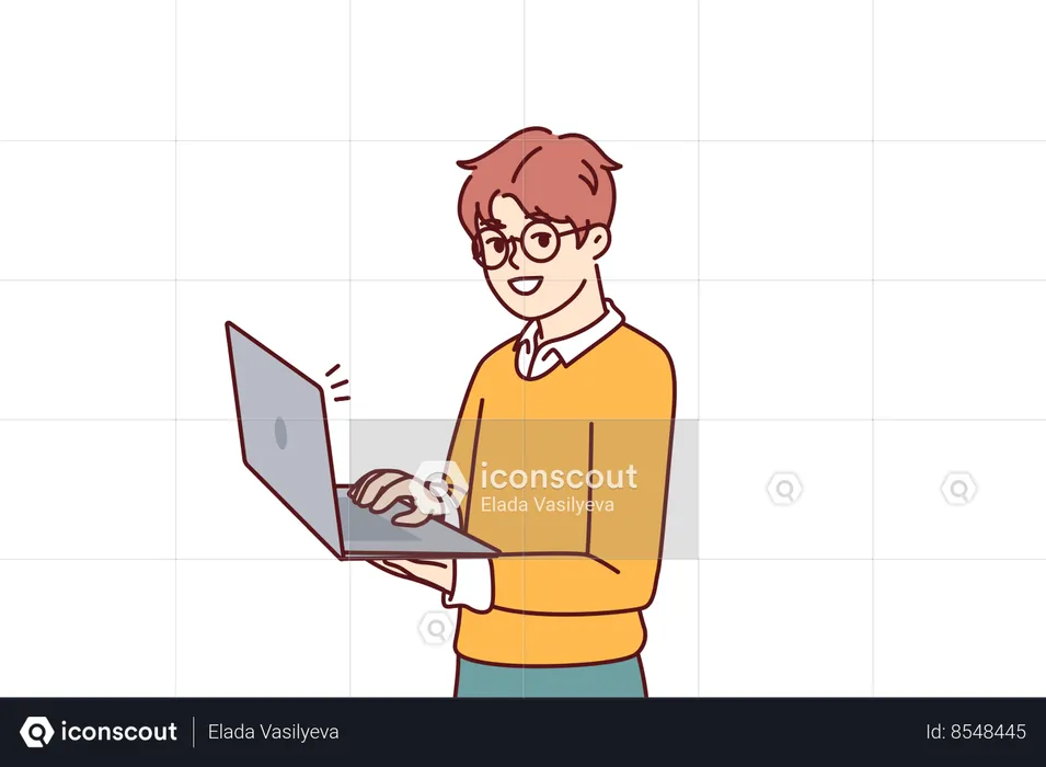 Smart little boy with laptop for preparing homework assigned from school stands and looks at camera  Illustration