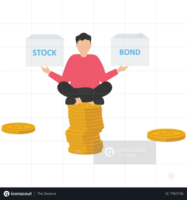 Smart man keep calm sitting on stack of money coins balancing stock and bond boxes  Illustration