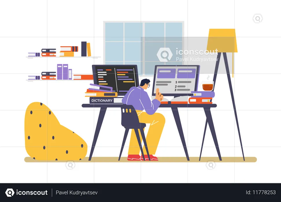 Smart man translator working with computer and many books  Illustration