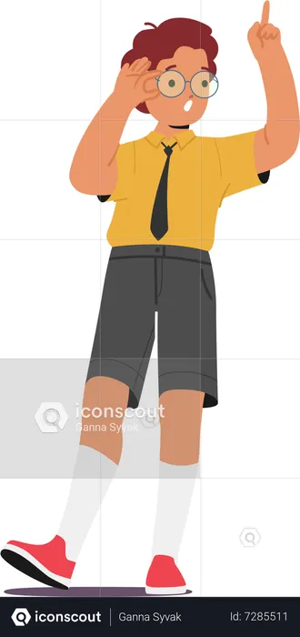 Smart School Boy With Glasses Confidently Points With His Finger  Illustration