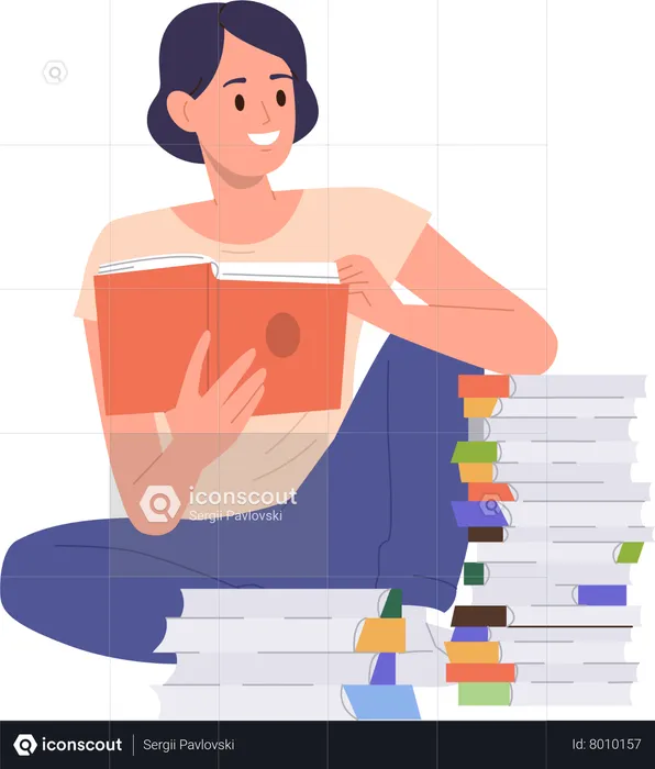 Young female reading sitting at book sack  Illustration