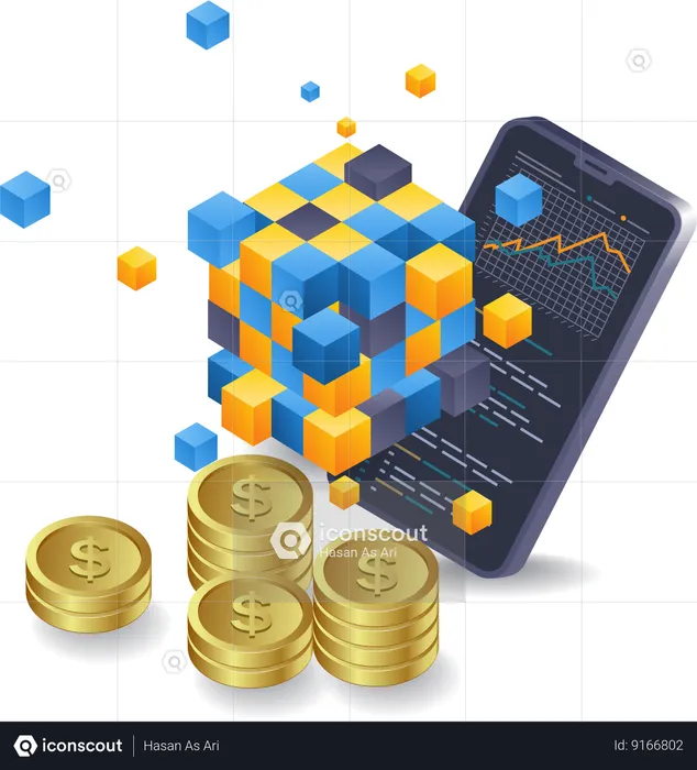 Smartphone analyzing business development blockchain  Illustration