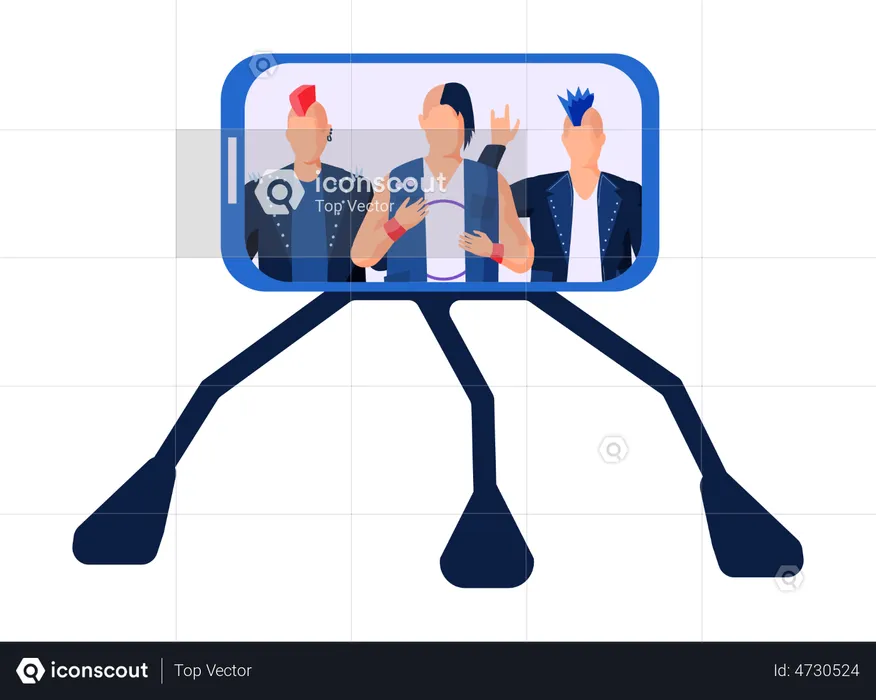 Smartphone on stand with guys in rock clothes  Illustration