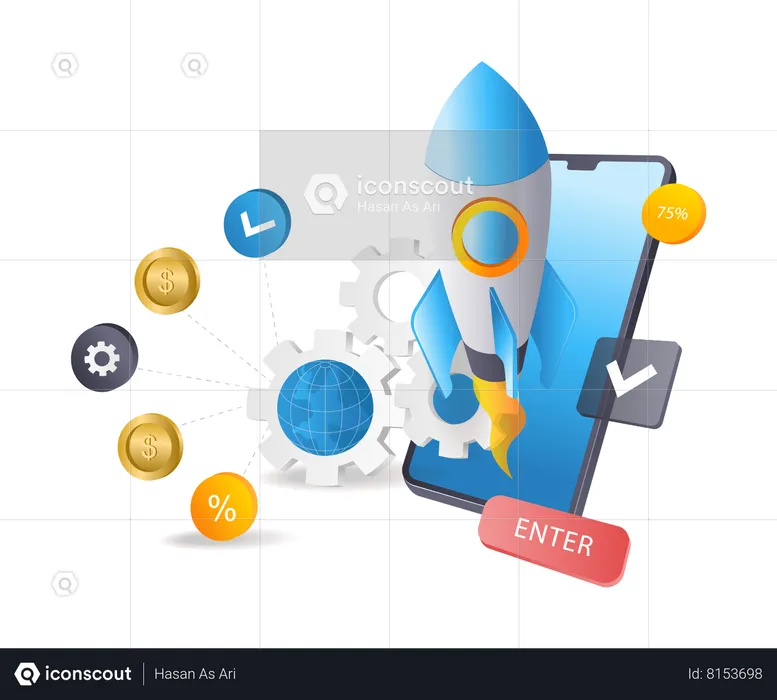 Smartphone rocket launch network  Illustration