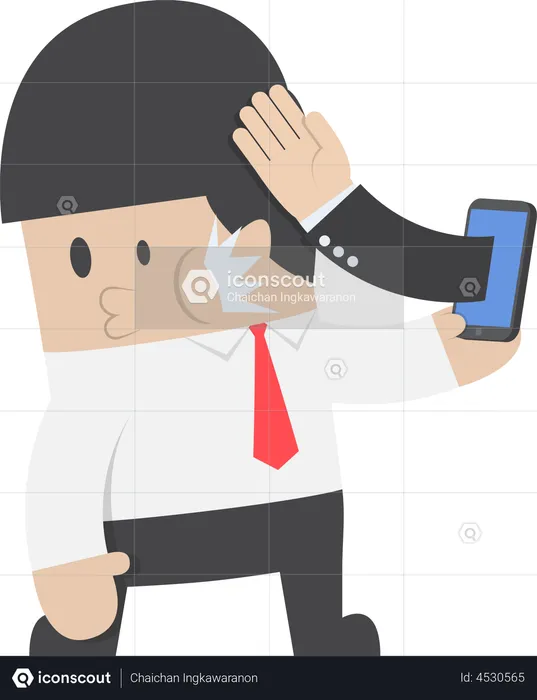 Smartphone slapped businessman face due to addiction  Illustration