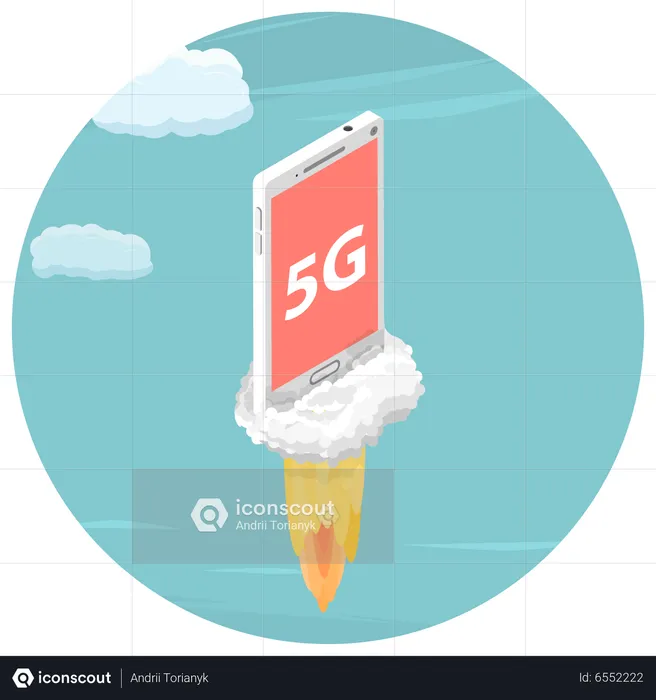 Smartphone with a title 5G is flying in the sky like a rocket  Illustration