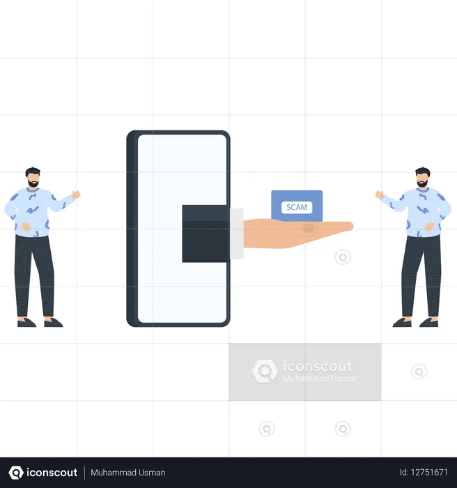 Smartphone with Hand Holding Scam Label Two Men  Illustration