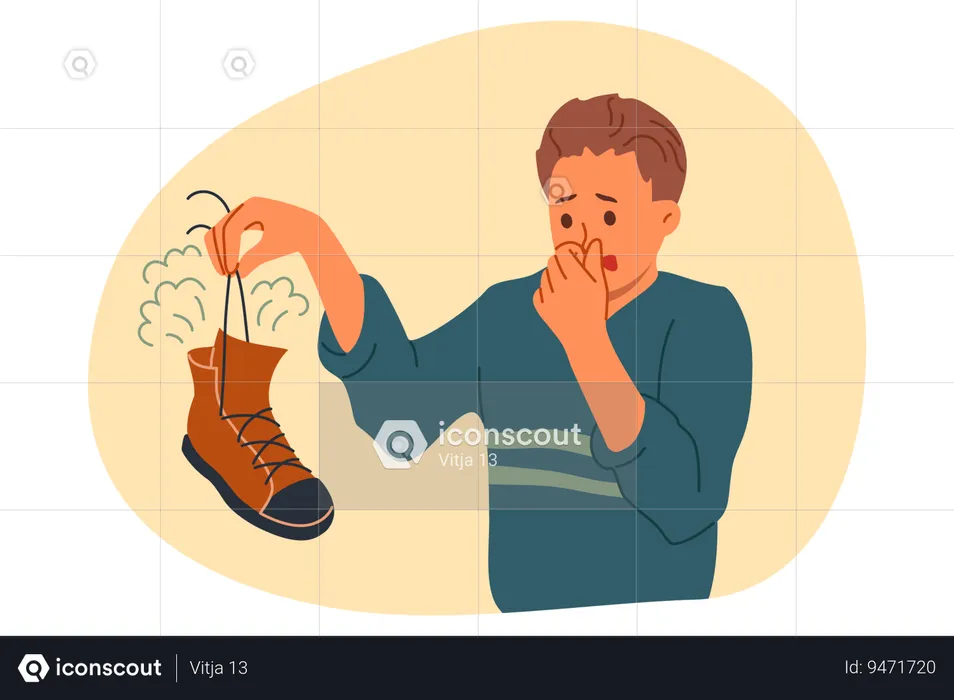 Smelly shoe in hands of man suffering from bad odor and symptoms of foot mycosis  Illustration