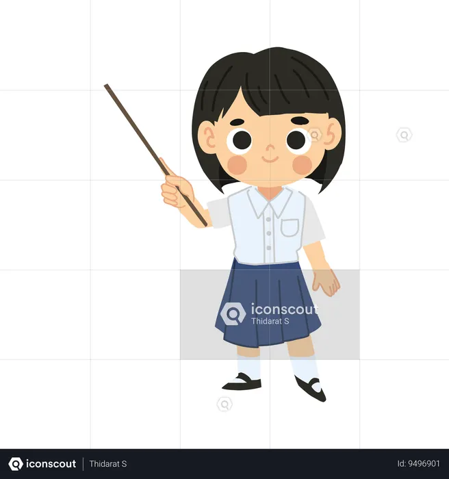 Smiling and Happy Thai Student Girl Character Pointing Stick  Illustration