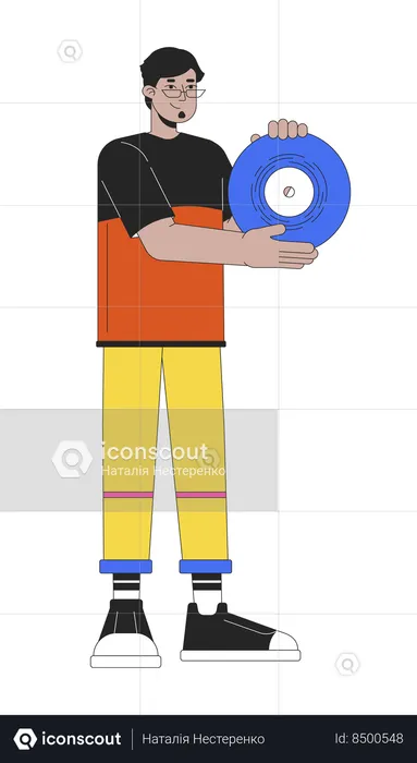 Smiling arab man holding vinyl record  Illustration