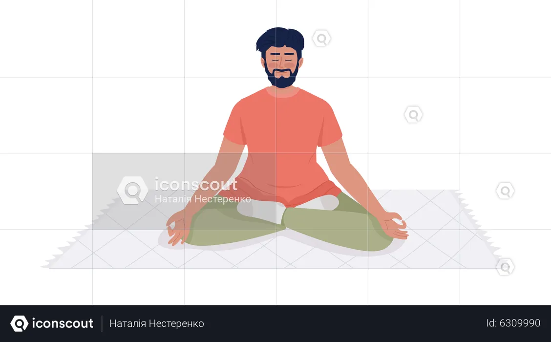 Smiling bearded man meditating on throw rug  Illustration