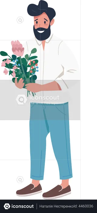 Smiling bearded man with floral arrangement  Illustration