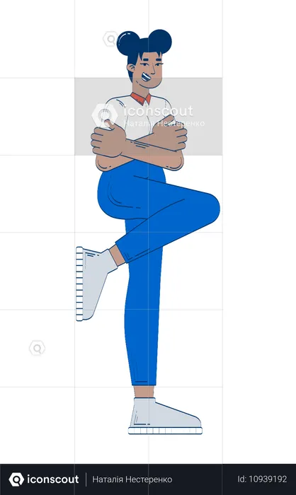 Smiling black woman arms crossed with one leg against wall  Illustration