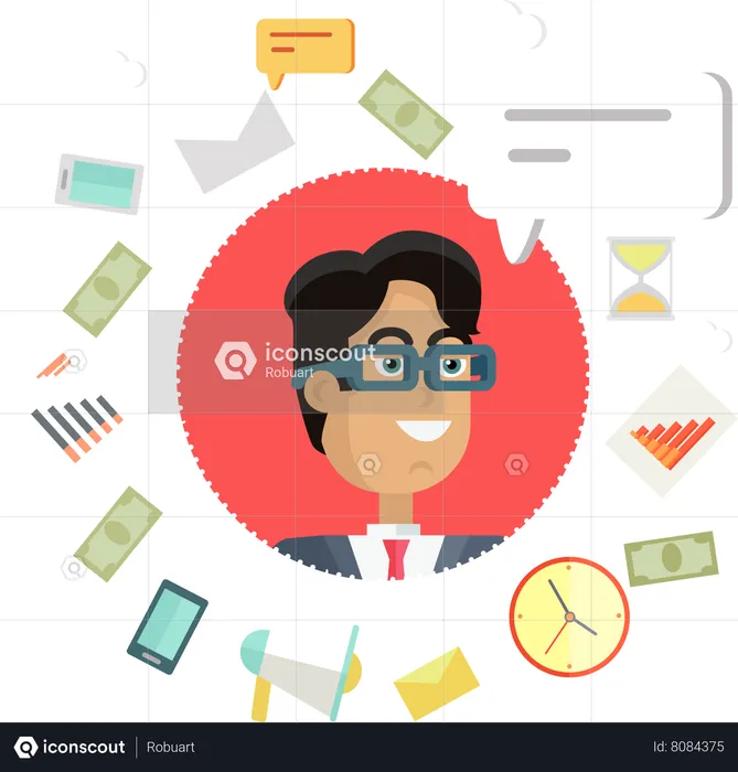 Smiling Businessman with glasses managing creative office work  Illustration