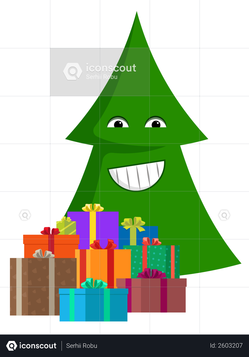 Premium Smiling cartoon Christmas tree with gift boxes
