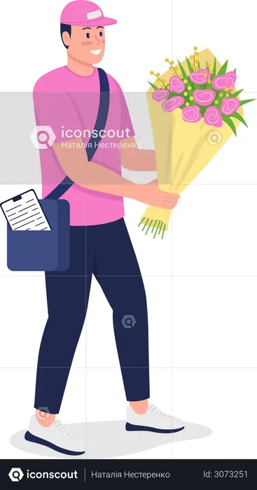 Smiling Caucasian courier with bouquet  Illustration