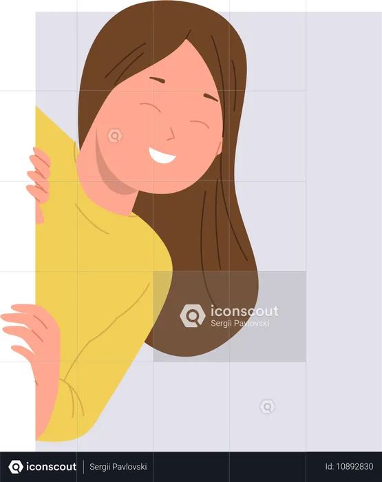 Smiling cheerful girl child character peeking out feeling curiosity emotion  Illustration