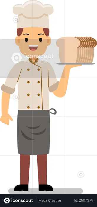 Smiling chef holding bread  Illustration
