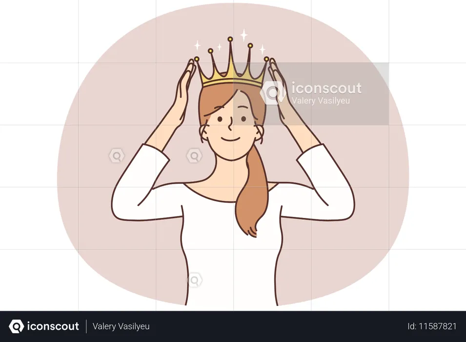 Smiling confident woman in crown on head celebrate success  Illustration
