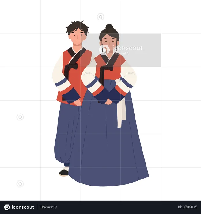 Smiling couple in modern hanbok for festive occasion  Illustration