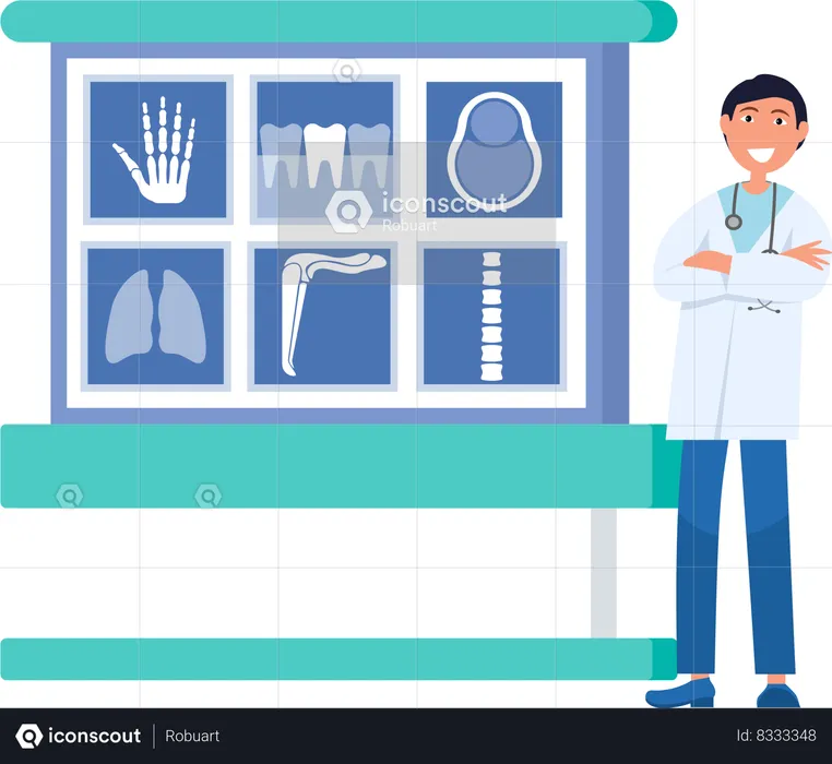 Smiling doctor in uniform standing near x-ray board  Illustration