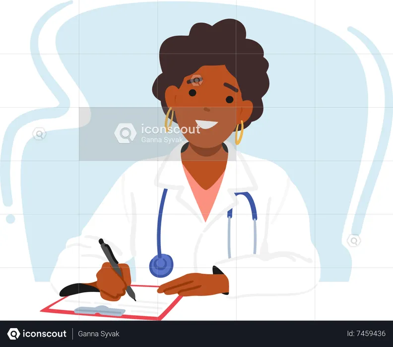 Smiling Female Doctor Sitting At Desk  Illustration