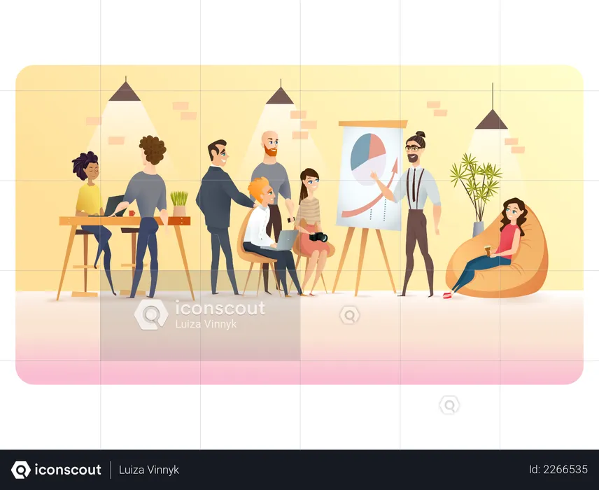 Smiling Freelancer or Young Coworker Businessman with Laptop in Modern Open Space or Shared Workplace  Illustration