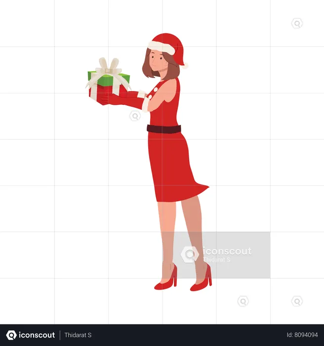 Smiling Girl in Santa Claus Outfit and holding gift box  Illustration
