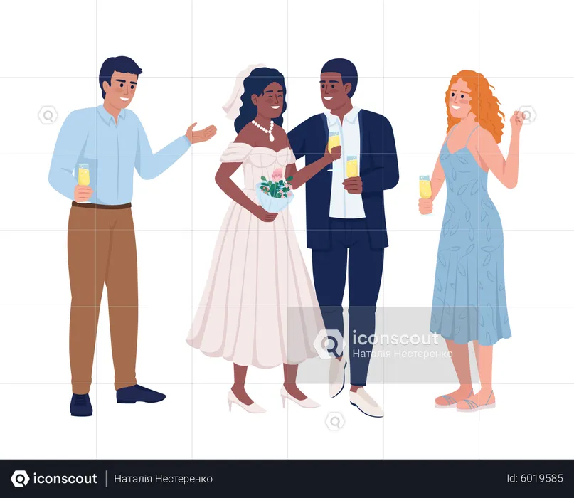 Smiling groom and bride with friends  Illustration
