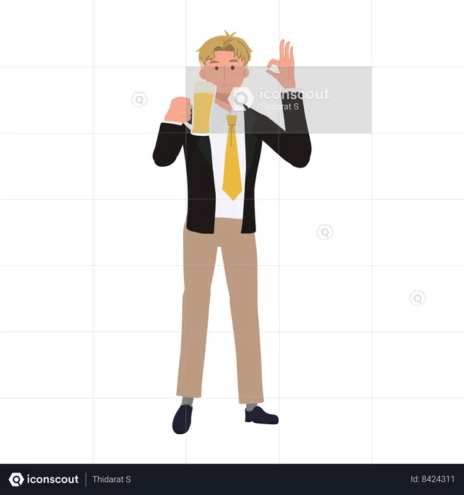 Smiling Happy Businessman Making OK Hand Sign with Beer  Illustration
