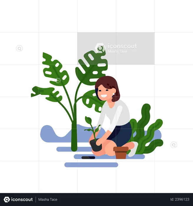 Smiling happy woman in white shirt and skirt planting a small sprout with leave into the ground  Illustration
