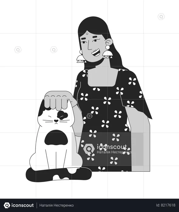 Smiling hindu woman stroking cat  Illustration
