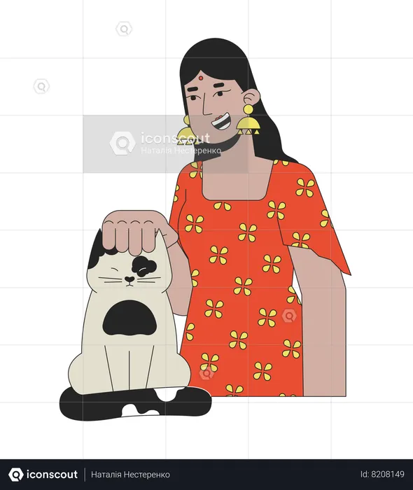 Smiling hindu woman stroking cat  Illustration