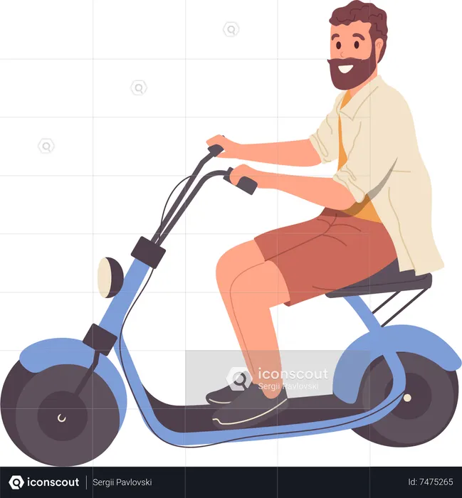 Smiling hipster man character riding speed electric scooter motorbike  Illustration