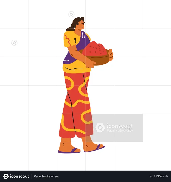 Smiling Indian woman carrying basket filled with red spices  Illustration