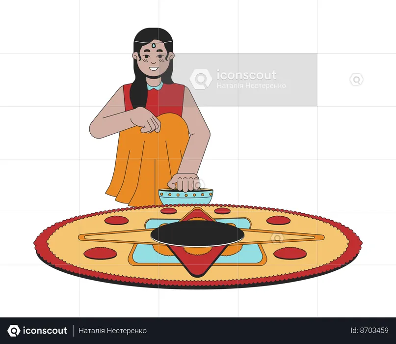 Smiling indian young girl making rangoli  Illustration