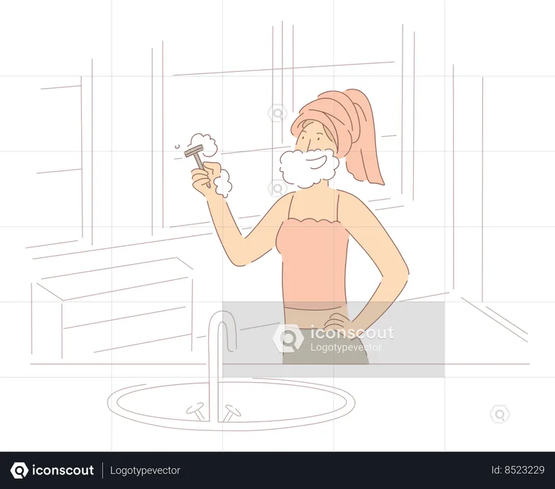 Smiling Lady With Soap Beard Holding Razor  Illustration