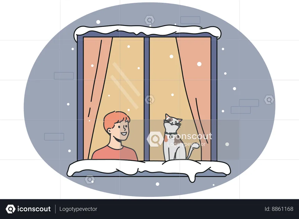 Smiling little boy child and cat sit in window look at street in winter  Illustration