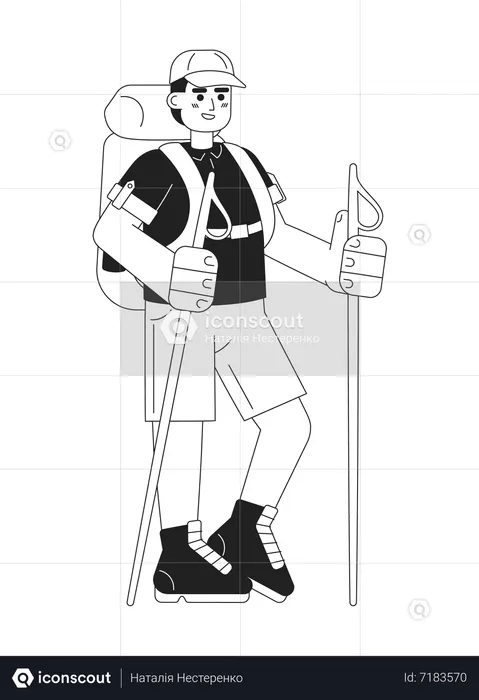 Smiling male backpacker with trekking poles  Illustration