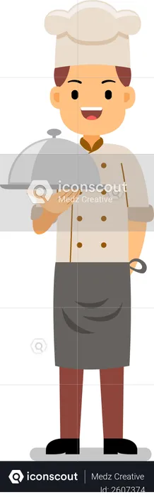 Smiling male chef serving main course dish  Illustration