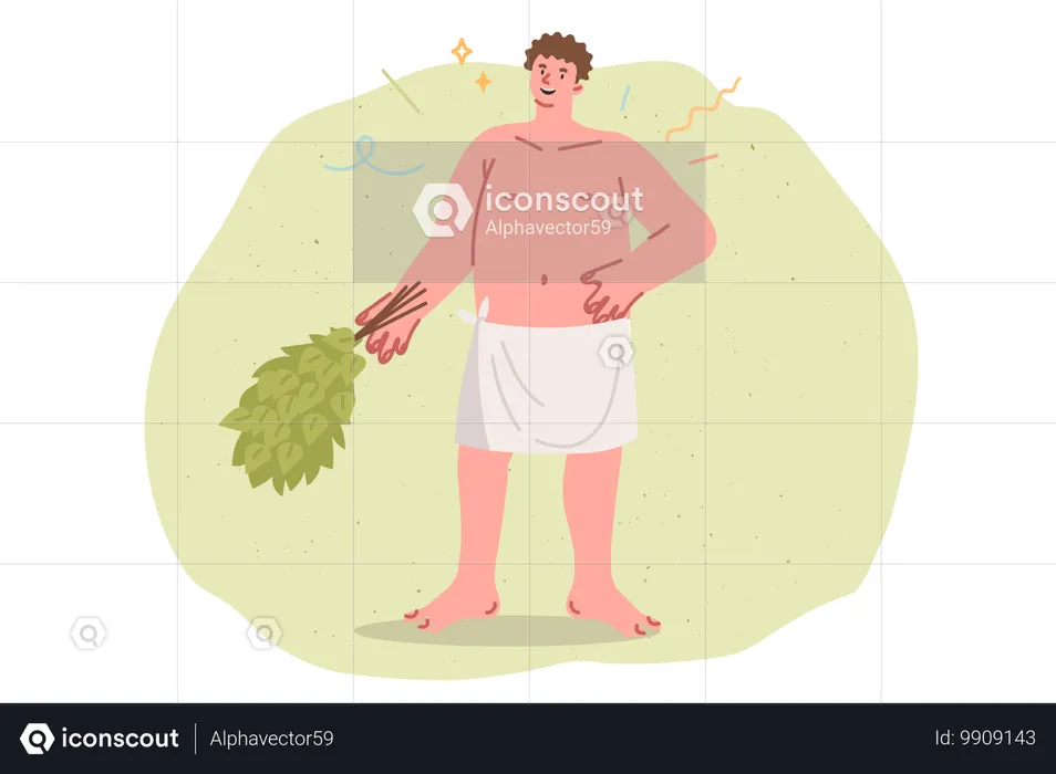 Smiling man bathhouse attendant holds birch broom for massage procedures in bathhouse  Illustration