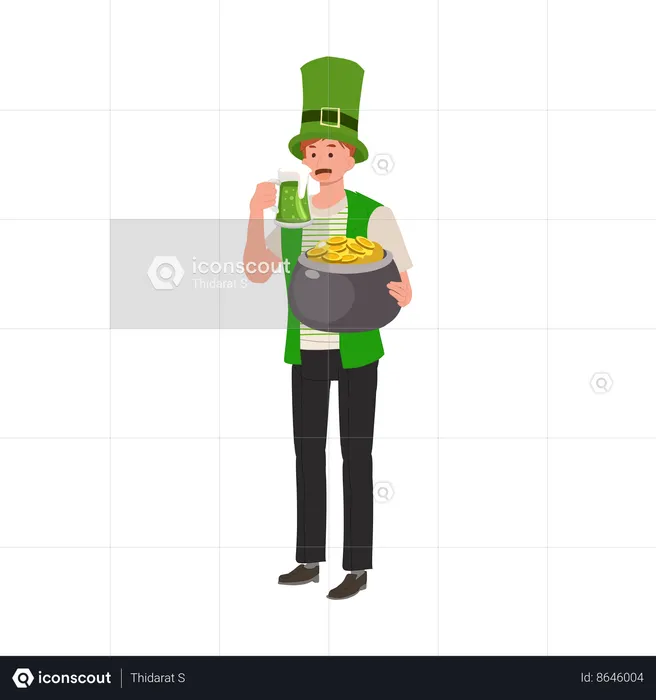 Smiling Man Celebrating St Patrick's Day with Green Beer  Illustration
