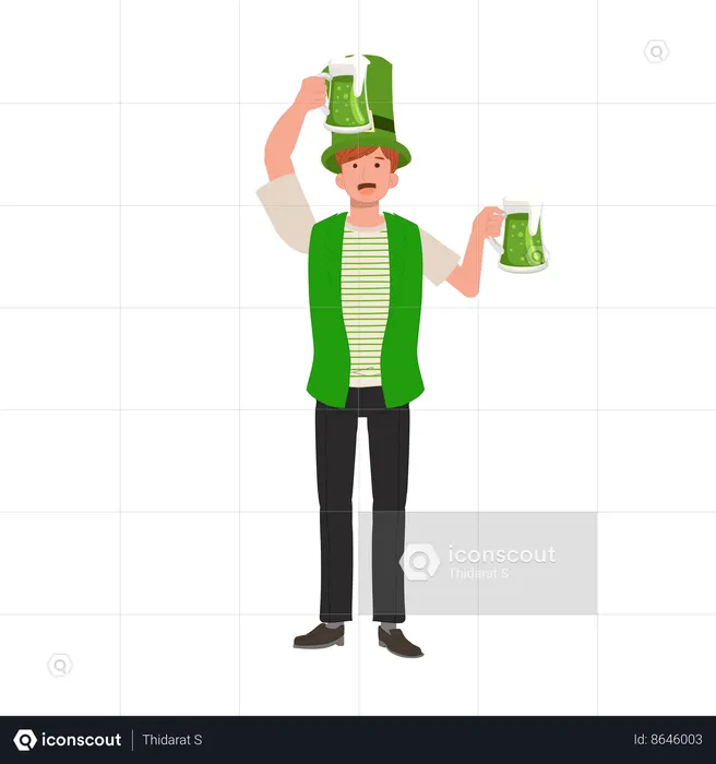Smiling Man Celebrating with Green Beer  Illustration