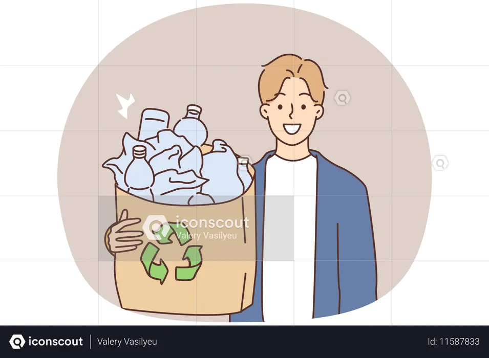 Smiling man holding plastic bottle for recycling  Illustration