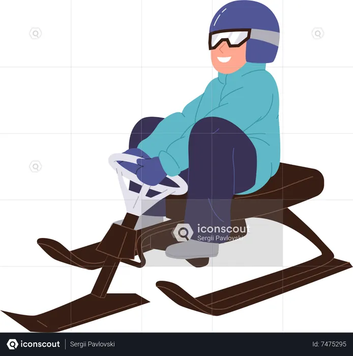 Smiling man in safety wear and helmet riding snow scooter with steering wheel  Illustration