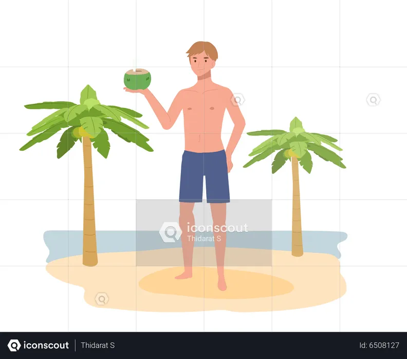 Smiling man in swim suit while holding coconut  Illustration