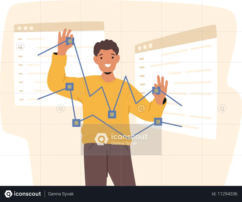 Smiling Man Interacts With  Digital Interface Adjusting Nodes  Illustration